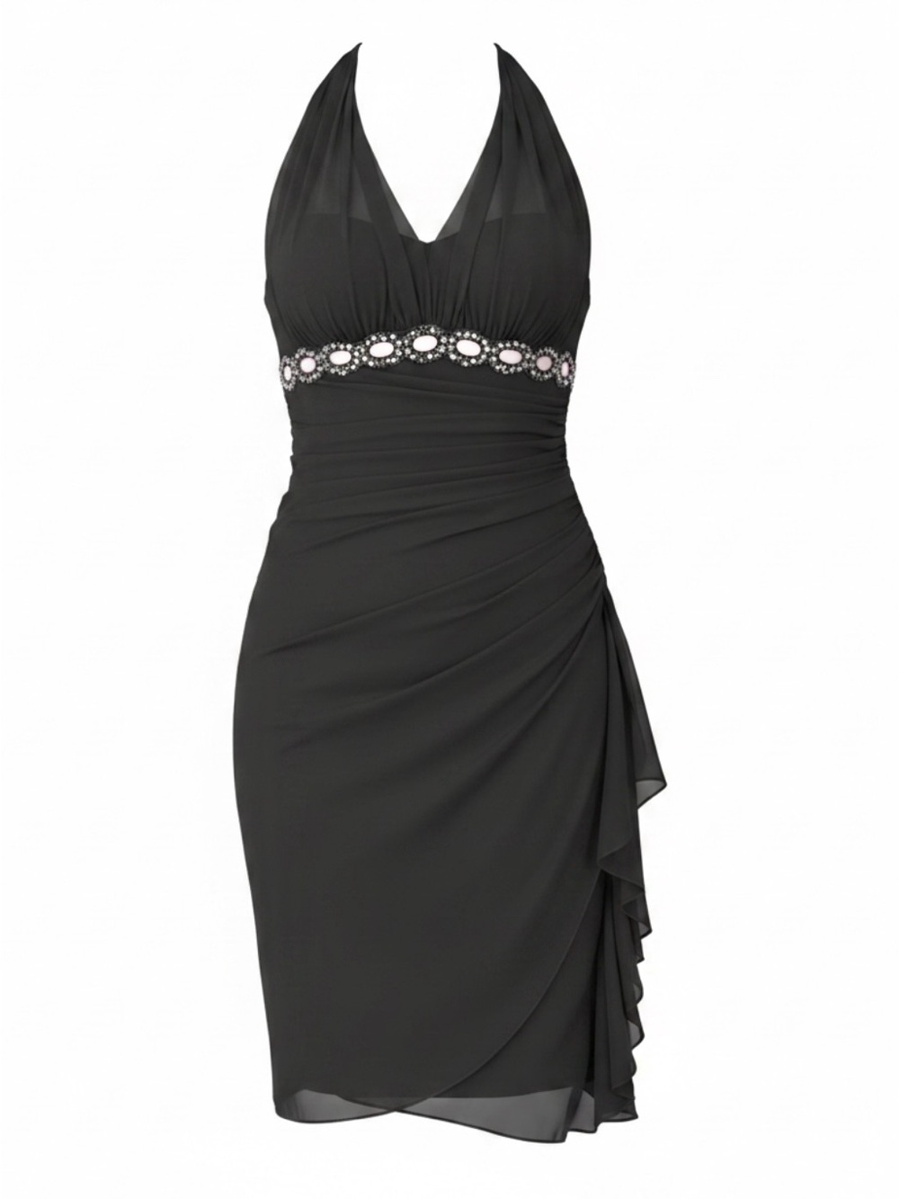 YK2 Black Halter Cocktail Dress with Embellished Empire Waist- Caché